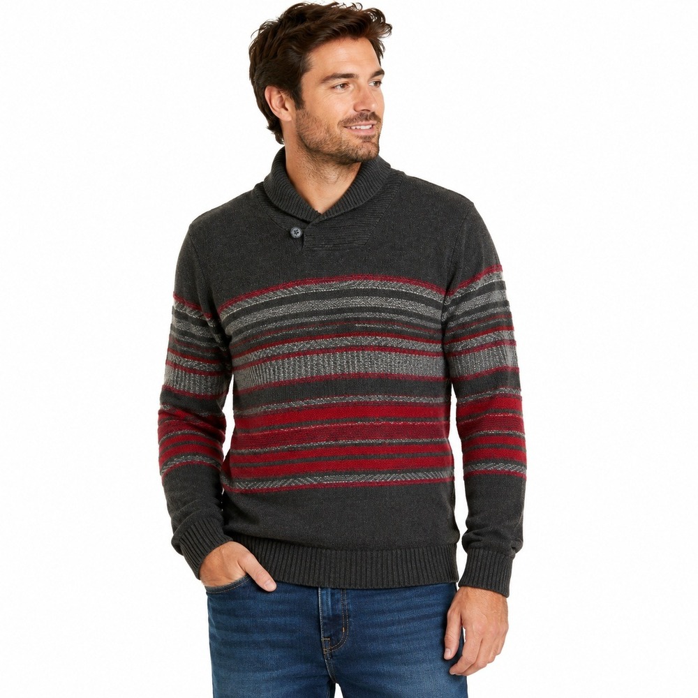 Gap Shawl Collar Sweater Mens XL Grey Red Striped Cotton Reverse Fair Isle